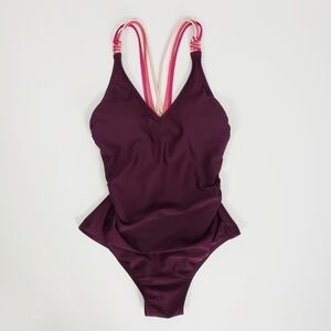 KONA SOL Strappy Solid Maroon One Piece V Neck Bathing Suit Sz M